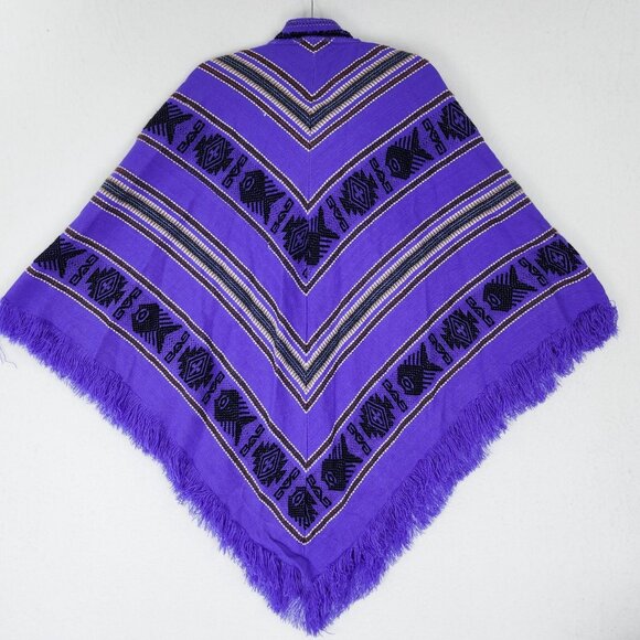 Tejidos Diaz Sweater Womens One Size Purple Wool Blend Aztec Fringe Poncho - Picture 12 of 14